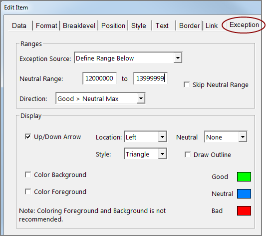 Edit report item dialog box, exception tab.